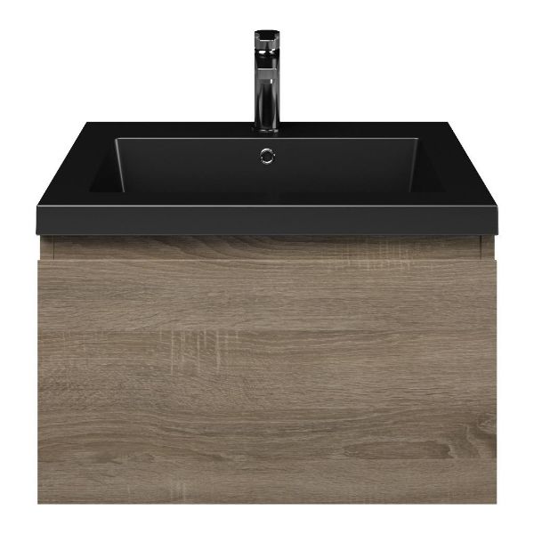 Domburg badmeubel 60 cm eiken donker met polystone Cadzand wastafel zwart mat, 1 kraangat