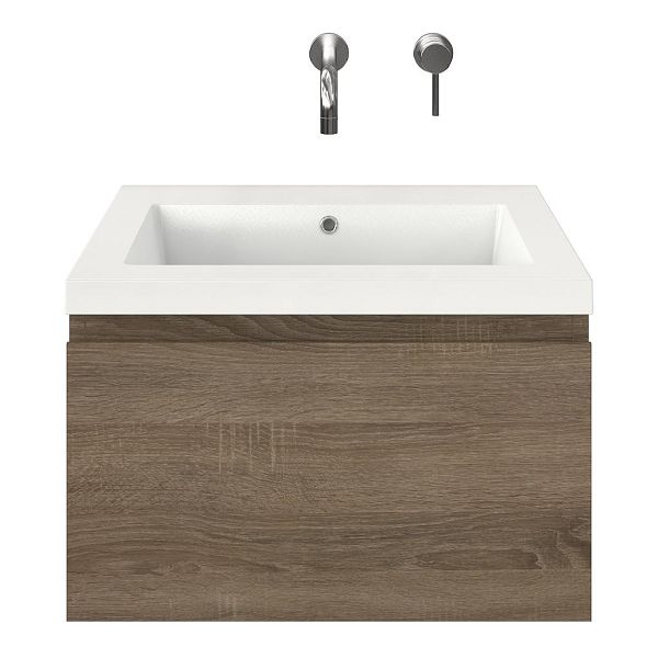 Domburg badmeubel 60 cm eiken donker met polystone Cadzand wastafel wit glans, zonder kraangat, 39 cm hoog