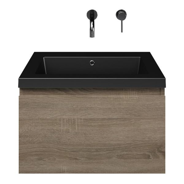 Domburg badmeubel 60 cm eiken donker met polystone Cadzand wastafel zwart mat, zonder kraangat