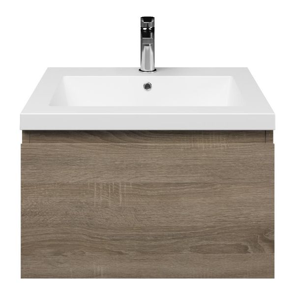 Domburg badmeubel 60 cm eiken donker met polystone Cadzand wastafel wit mat