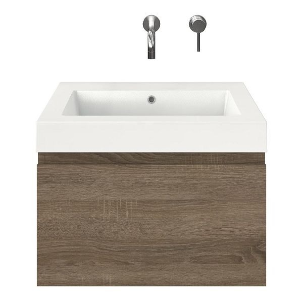 Domburg badmeubel 60 cm eiken donker met polystone Cadzand wastafel wit glans, zonder kraangat, 43 cm hoog