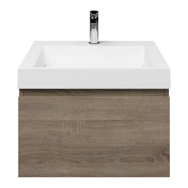 Domburg badmeubel 60 cm eiken donker met polystone Haamstede wastafel wit glans, 1 kraangat