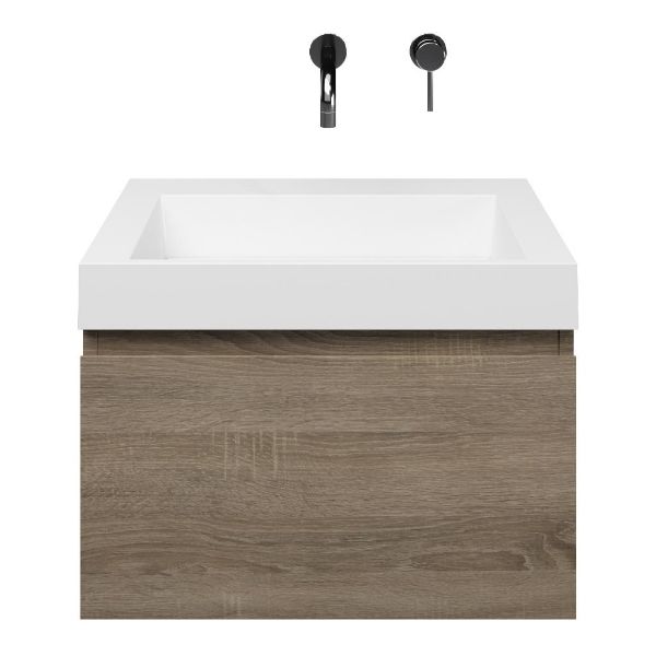 Domburg badmeubel 60 cm eiken donker met polystone Haamstede wastafel wit glans, zonder kraangat