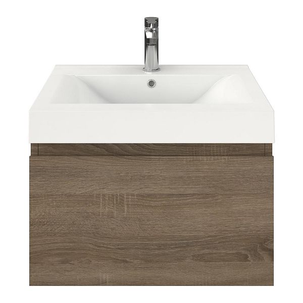 Domburg badmeubel 60 cm eiken donker met polystone Wave wastafel wit glans