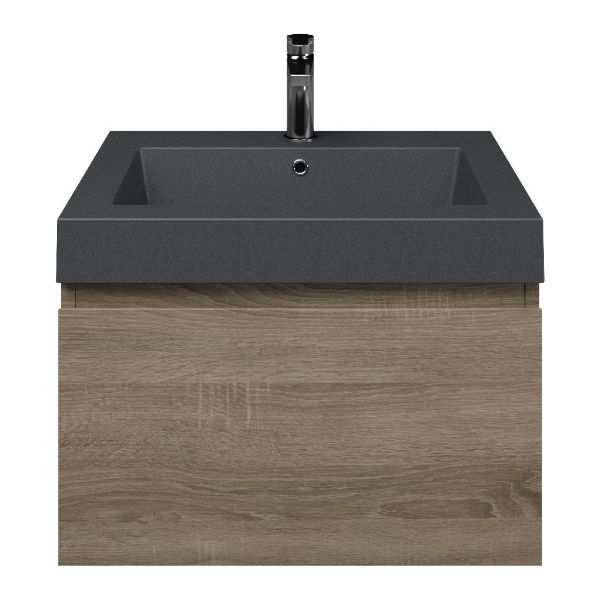 Domburg badmeubel 60 cm eiken donker met quartz Cadzand-Q wastafel grijs mat, 1 kraangat