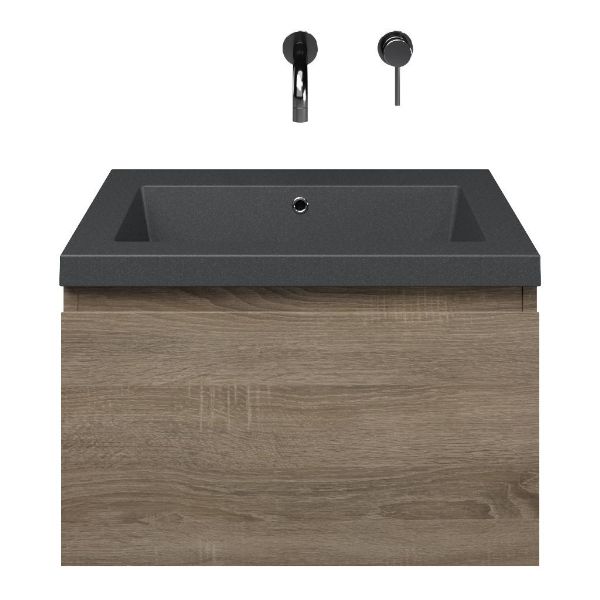 Domburg badmeubel 60 cm eiken donker met quartz Cadzand-Q wastafel grijs mat, zonder kraangat