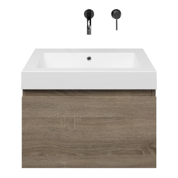 Domburg badmeubel 60 cm eiken donker met quartz Cadzand-Q wastafel wit mat