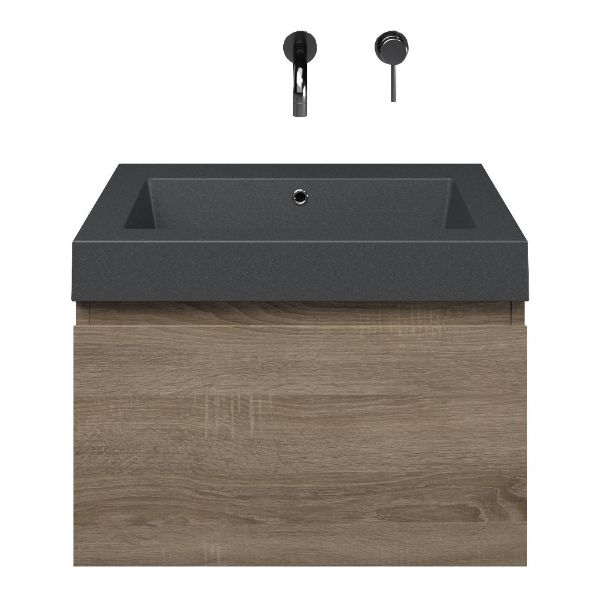 Domburg badmeubel 60 cm eiken donker met quartz Cadzand-Q wastafel grijs mat, zonder kraangat