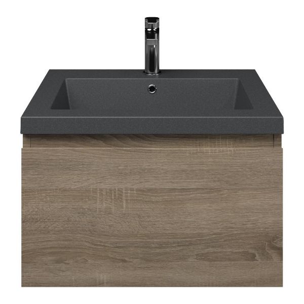 Domburg badmeubel 60 cm eiken donker met quartz Cadzand-Q wastafel grijs mat, 1 kraangat