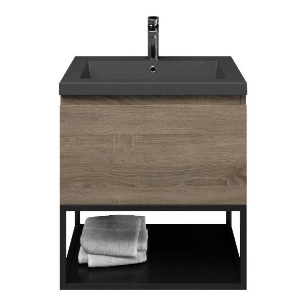 Domburg badmeubel 60 cm eiken donker met quartz Cadzand wastafel grijs mat