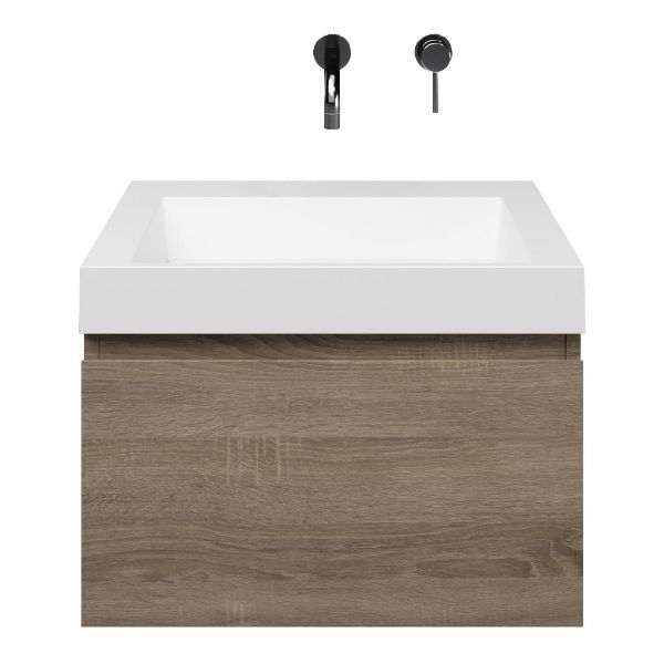 Domburg badmeubel 60 cm eiken donker met quartz Haamstede-q wastafel wit mat, zonder kraangat