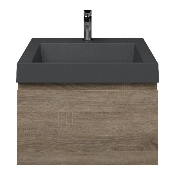 Domburg badmeubel 60 cm eiken donker met quartz Haamstede-q wastafel grijs mat