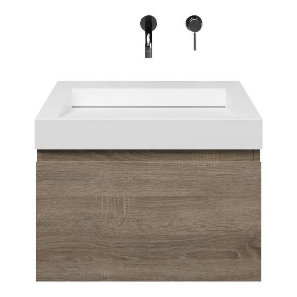 Domburg badmeubel 60 cm eiken donker met solid surface Solid wastafel wit mat