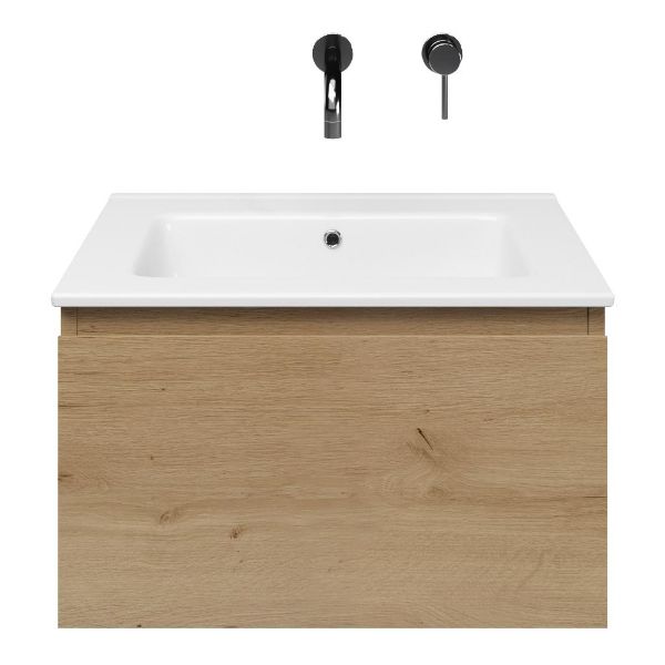Domburg badmeubel 60 cm eiken natuur met keramische Callantsoog wastafel wit glans, zonder kraangat