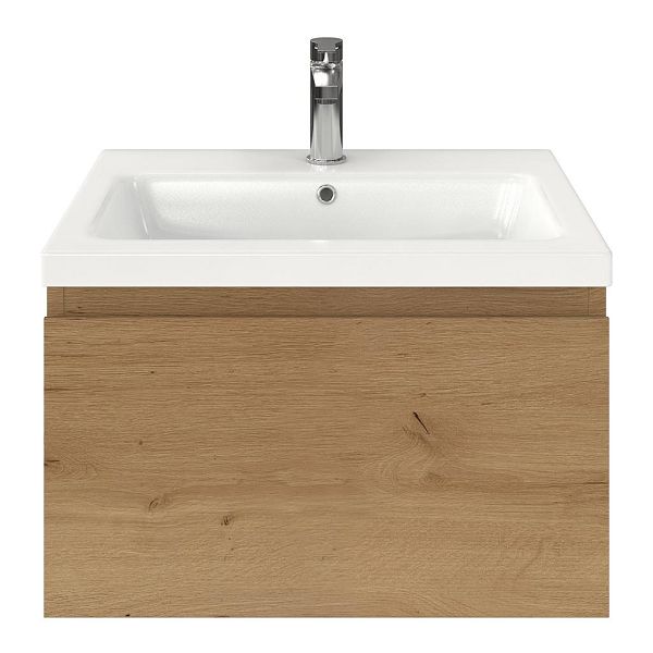 Domburg badmeubel 60 cm eiken natuur met keramische Dishoek wastafel wit glans, 1 kraangat