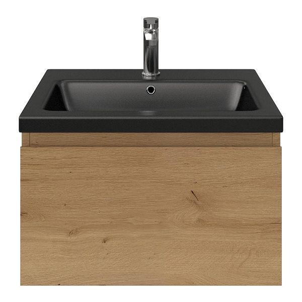 Domburg badmeubel 60 cm eiken natuur met keramische Dishoek wastafel zwart mat, 1 kraangat