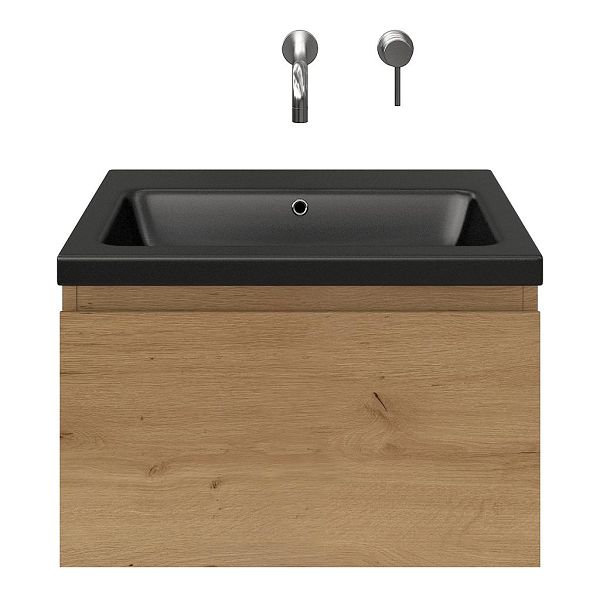 Domburg badmeubel 60 cm eiken natuur met keramische Dishoek wastafel zwart mat, zonder kraangat
