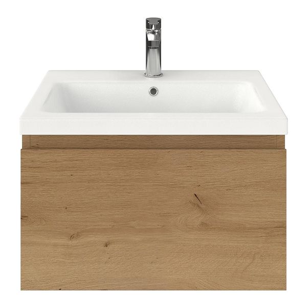 Domburg badmeubel 60 cm eiken natuur met keramische Dishoek wastafel wit mat, 1 kraangat