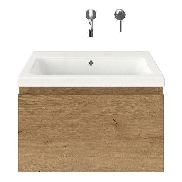 Domburg badmeubel 60 cm eiken natuur met keramische Dishoek wastafel wit mat, zonder kraangat