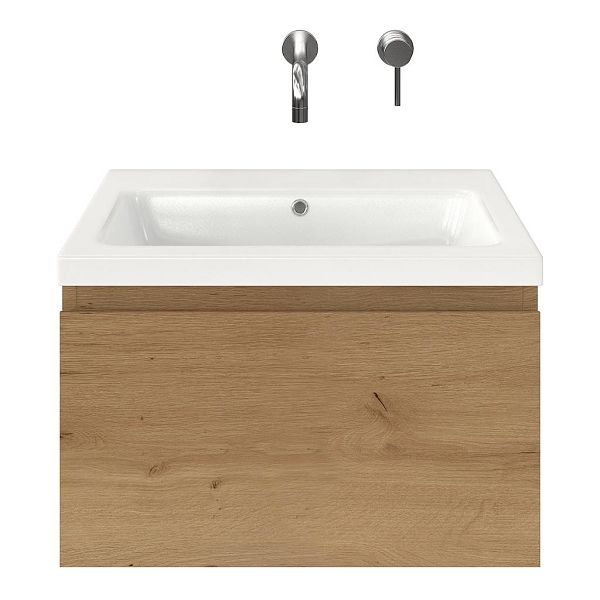 Domburg badmeubel 60 cm eiken natuur met keramische Dishoek wastafel wit glans, zonder kraangat