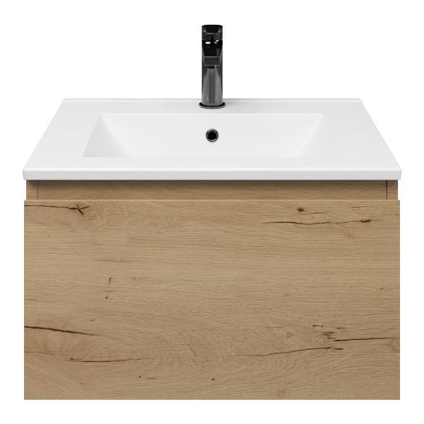 Domburg badmeubel 60 cm eiken natuur met keramische Huisduinen wastafel wit glans