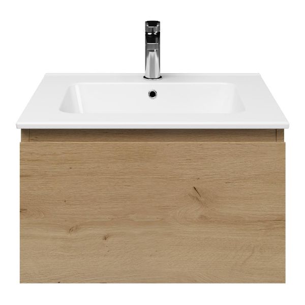 Domburg badmeubel 60 cm eiken natuur met keramische Quadra wastafel wit glans