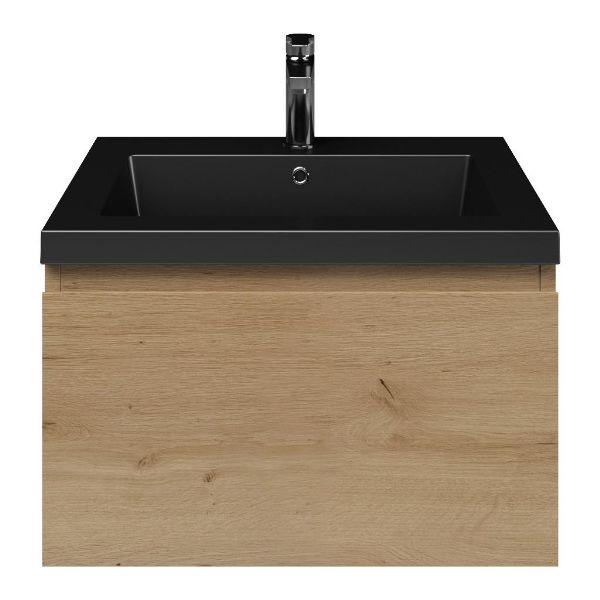 Domburg badmeubel 60 cm eiken natuur met polystone Cadzand wastafel zwart mat, 1 kraangat