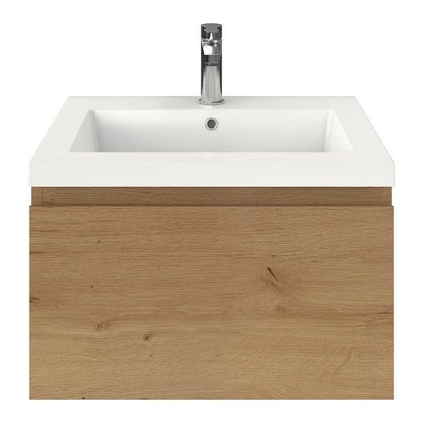 Domburg badmeubel 60 cm eiken natuur met polystone Cadzand wastafel wit glans, 1 kraangat, 39 cm hoog