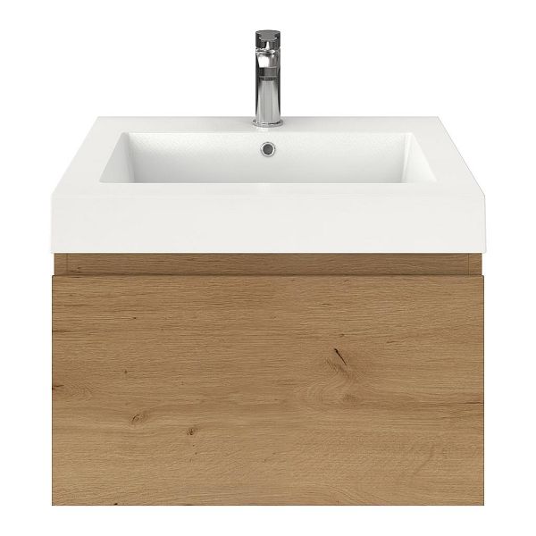 Domburg badmeubel 60 cm eiken natuur met polystone Cadzand wastafel wit glans, 1 kraangat, 43 cm hoog