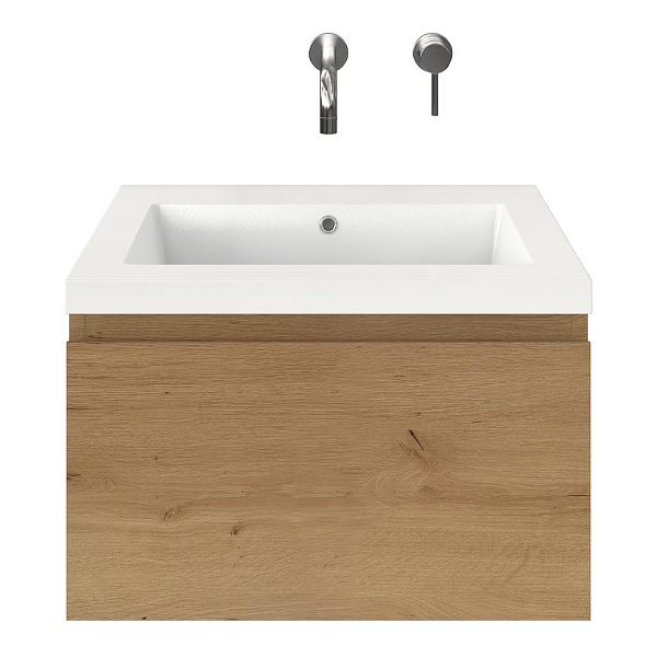 Domburg badmeubel 60 cm eiken natuur met polystone Cadzand wastafel wit glans, zonder kraangat, 39 cm hoog