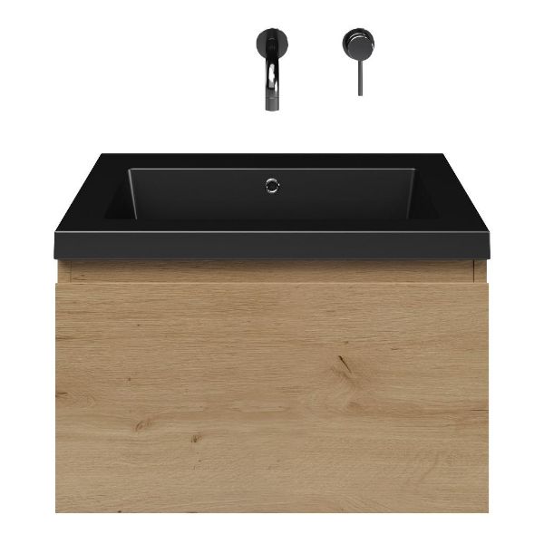 Domburg badmeubel 60 cm eiken natuur met polystone Cadzand wastafel zwart mat, zonder kraangat