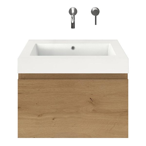Domburg badmeubel 60 cm eiken natuur met polystone Cadzand wastafel wit glans, zonder kraangat, 43 cm hoog