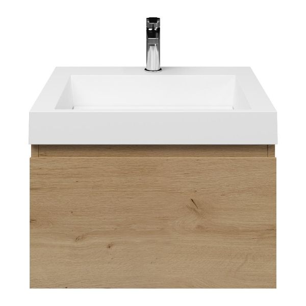 Domburg badmeubel 60 cm eiken natuur met polystone Haamstede wastafel wit glans, 1 kraangat