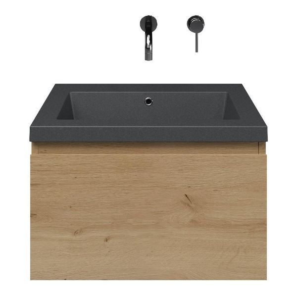 Domburg badmeubel 60 cm eiken natuur met quartz Cadzand-Q wastafel grijs mat, zonder kraangat