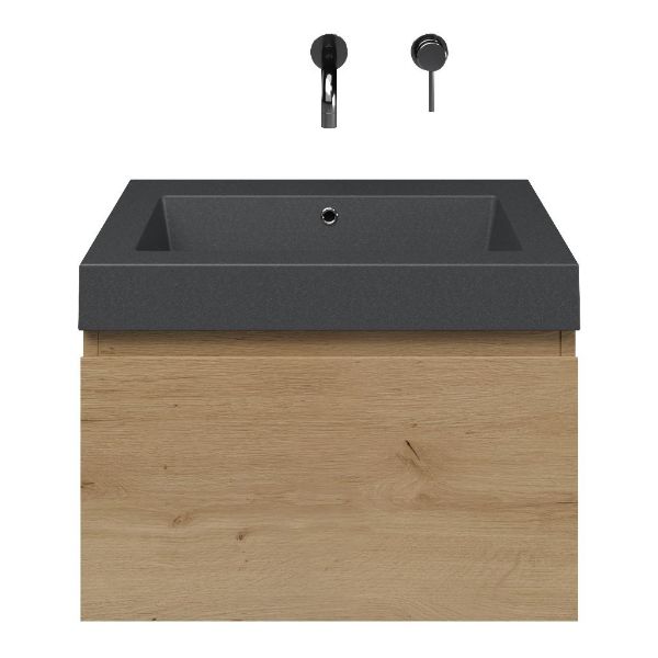Domburg badmeubel 60 cm eiken natuur met quartz Cadzand-Q wastafel grijs mat, zonder kraangat