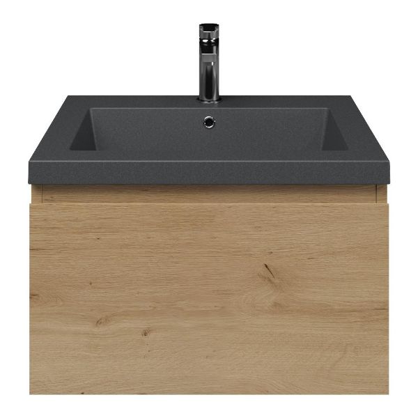 Domburg badmeubel 60 cm eiken natuur met quartz Cadzand-Q wastafel grijs mat, 1 kraangat