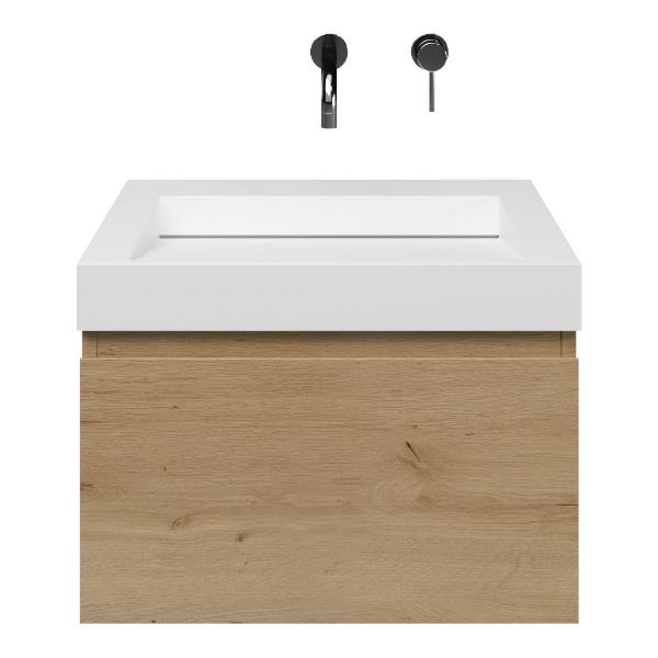 Domburg badmeubel 60 cm eiken natuur met solid surface Solid wastafel wit mat