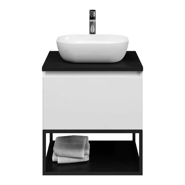Domburg badmeubel 60 cm hoogglans wit met afdekblad 2,5 cm mat zwart eiken