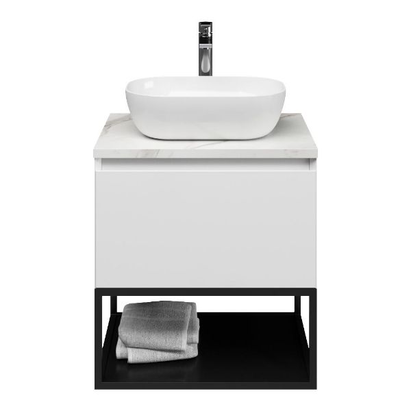Domburg badmeubel 60 cm hoogglans wit met afdekblad 3 cm marmer structuur wit
