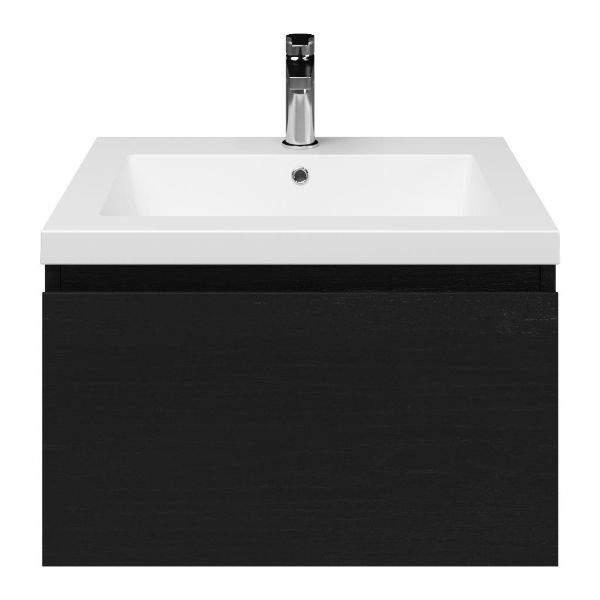 Domburg badmeubel 60 cm mat zwart eiken met polystone Cadzand wastafel wit mat