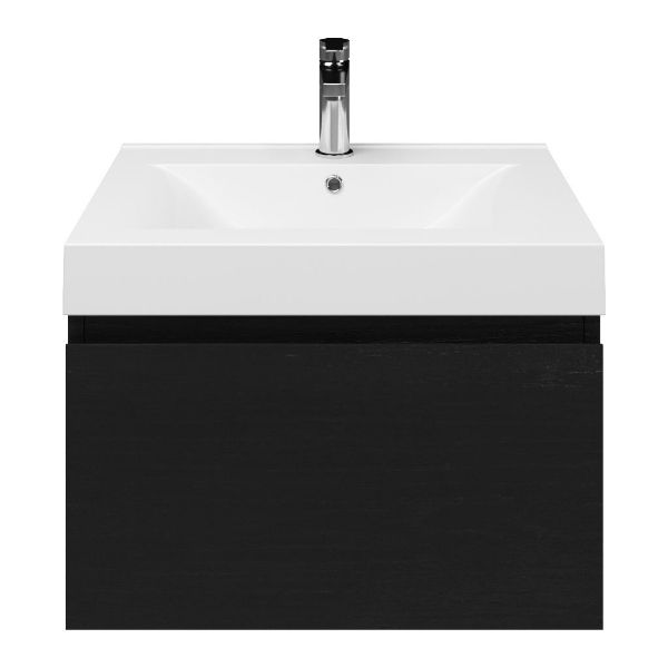 Domburg badmeubel 60 cm mat zwart eiken met polystone Wave wastafel wit glans