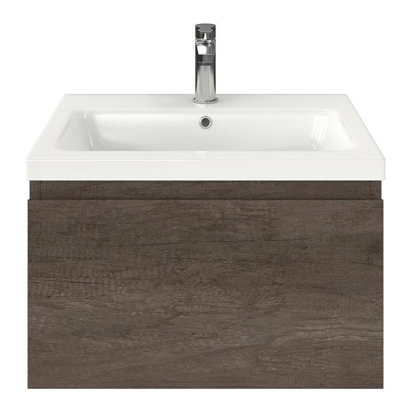 Domburg badmeubel 60 cm olm donker grijs met keramische Dishoek wastafel wit glans
