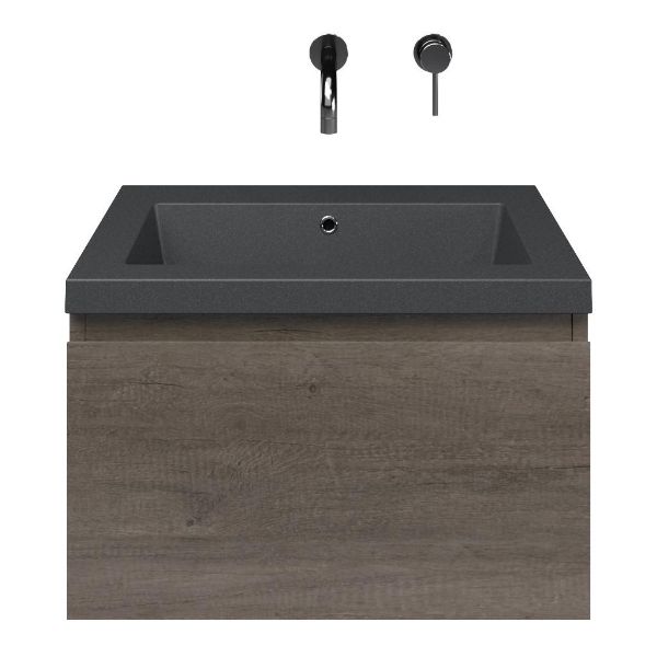 Domburg badmeubel 60 cm olm donker grijs met quartz Cadzand-Q wastafel grijs mat