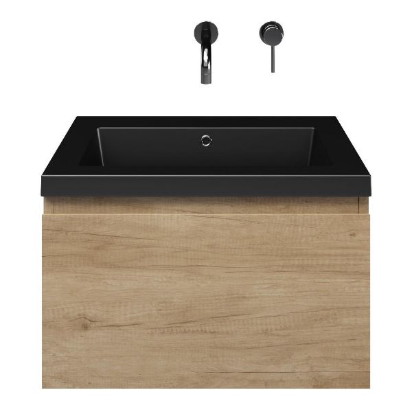 Domburg badmeubel 60 cm olm met polystone Cadzand wastafel zwart mat, zonder kraangat