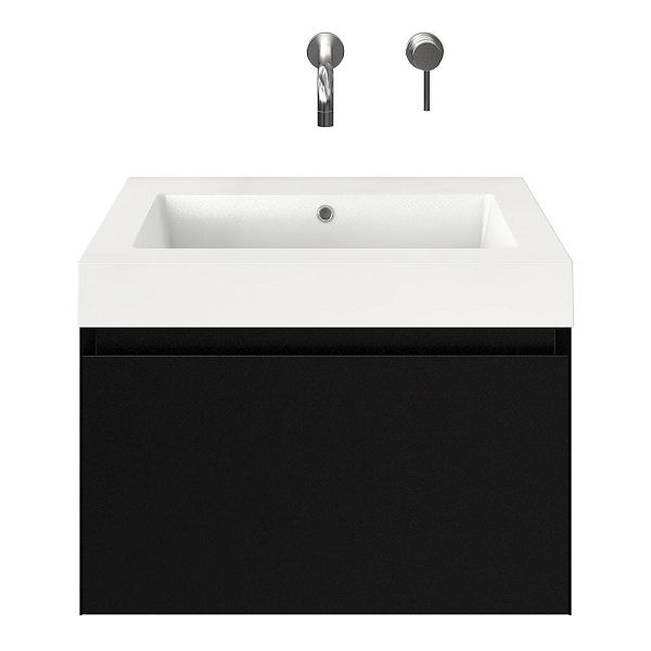 Domburg badmeubel 60 cm zwart mat met polystone Cadzand wastafel wit glans, zonder kraangat, 43 cm hoog