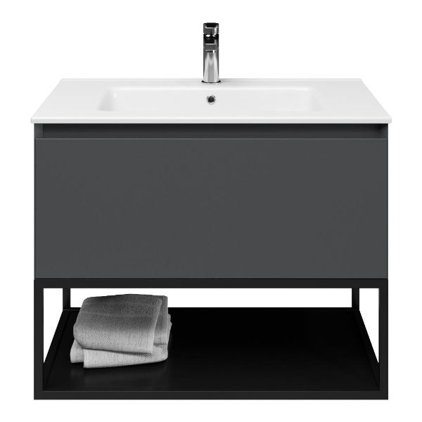 Domburg badmeubel 80 cm antraciet mat met keramische Callantsoog wastafel wit glans, 1 kraangat, mat zwart metalen frame