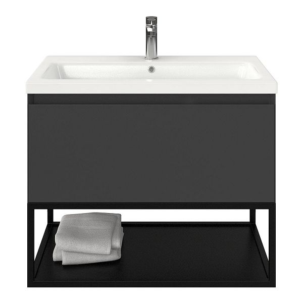 Domburg badmeubel 80 cm antraciet mat met keramische Dishoek wastafel wit glans, 1 kraangat, mat zwart metalen frame