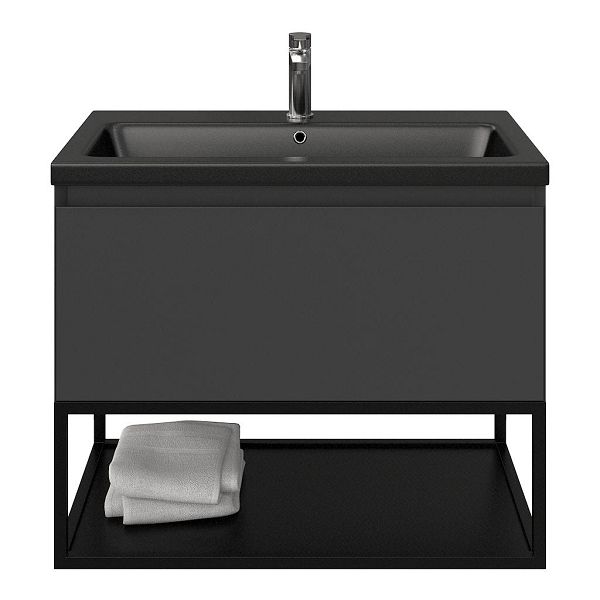 Domburg badmeubel 80 cm antraciet mat met keramische Dishoek wastafel zwart mat, 1 kraangat, mat zwart metalen frame