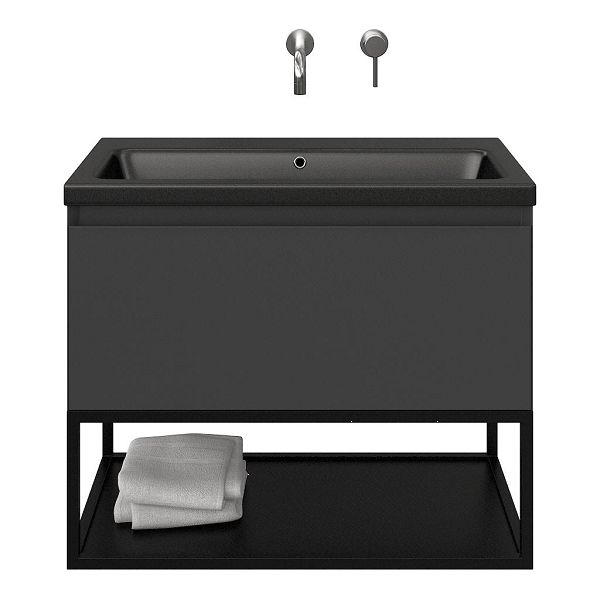 Domburg badmeubel 80 cm antraciet mat met keramische Dishoek wastafel zwart mat, zonder kraangat, mat zwart metalen frame