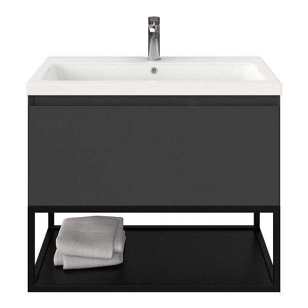 Domburg badmeubel 80 cm antraciet mat met keramische Dishoek wastafel wit mat, 1 kraangat, mat zwart metalen frame
